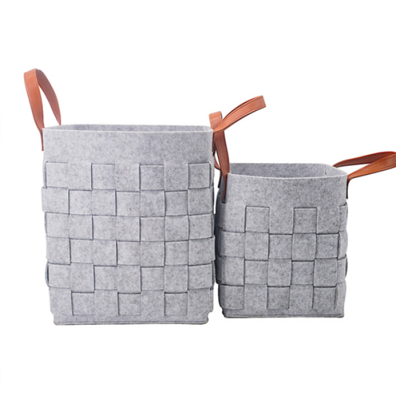 Handmade Woven Felt Two Set of Large Medium size Hamper laundry Toy Storage Basket with PU Handle